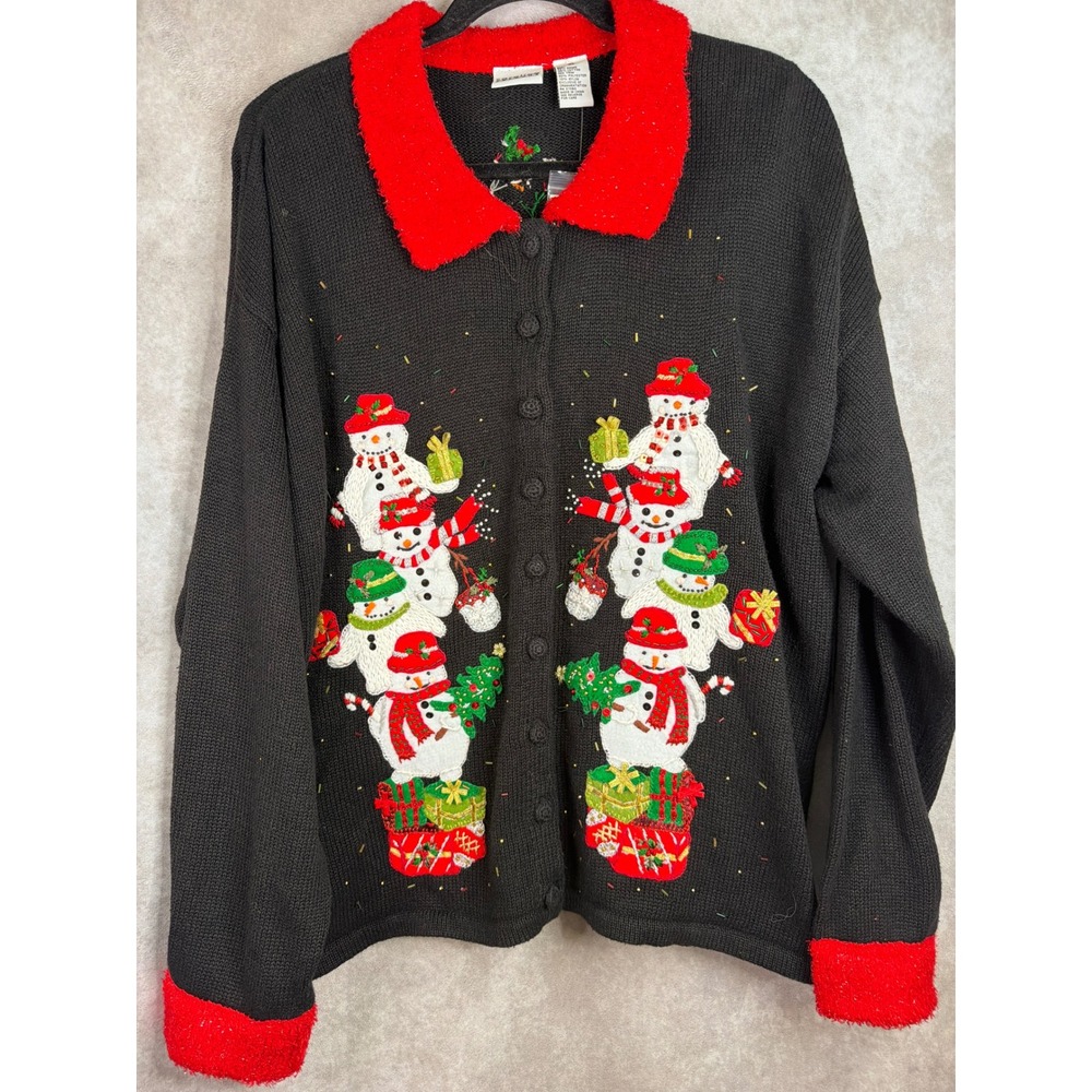 NWT VTG Carolina Colours Cardigan Jacket XL Black Snowman Christmas Holiday